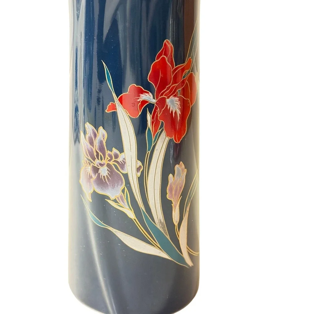 Vintage Japanese Cobalt Blue‎ Floral Iris Porcelain Vase Gold Gilt Mid Century